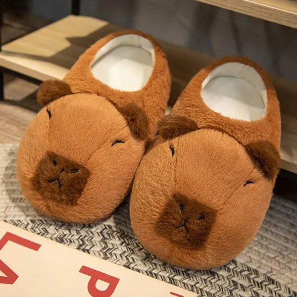 Cartoon Capybara Warm Soft Non-Slip Home Slippers for Women Men, Plush Rubber Sole One Size Fits 35-42, Cute Animal Design for Indoor Comfort