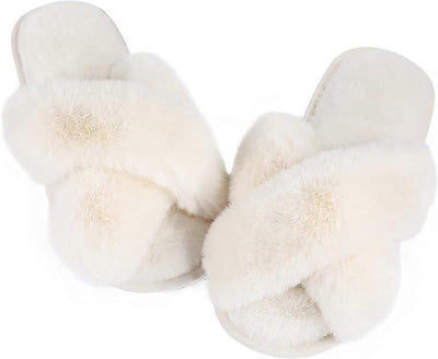 White Cross Strap Fluffy Open Toe Slippers for Women, Memory Foam Cushion Non-Slip Sole, Soft Plush Home Shoes Indoor Outdoor Size M