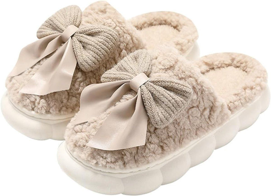 Women's Winter Slippers, Fluffy Felt House Slippers with Plush Lining, Bow Detail and Thick Sole for Indoor Wear, Size 38, 24 cm, Beige