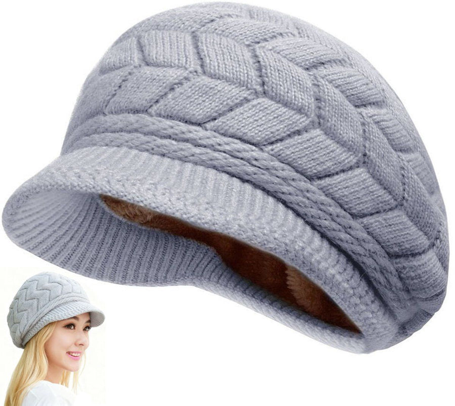 Women's Winter Hat, Cable Knit Visor Beanie with Plush Lining, Warm Outdoor Cap for Cold Weather Travel and Daily Wear, Grey