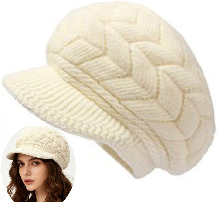 Women's Winter Hat, Cable Knit Visor Beanie with Plush Lining, Warm Outdoor Cap for Cold Weather Travel and Daily Wear, Beige