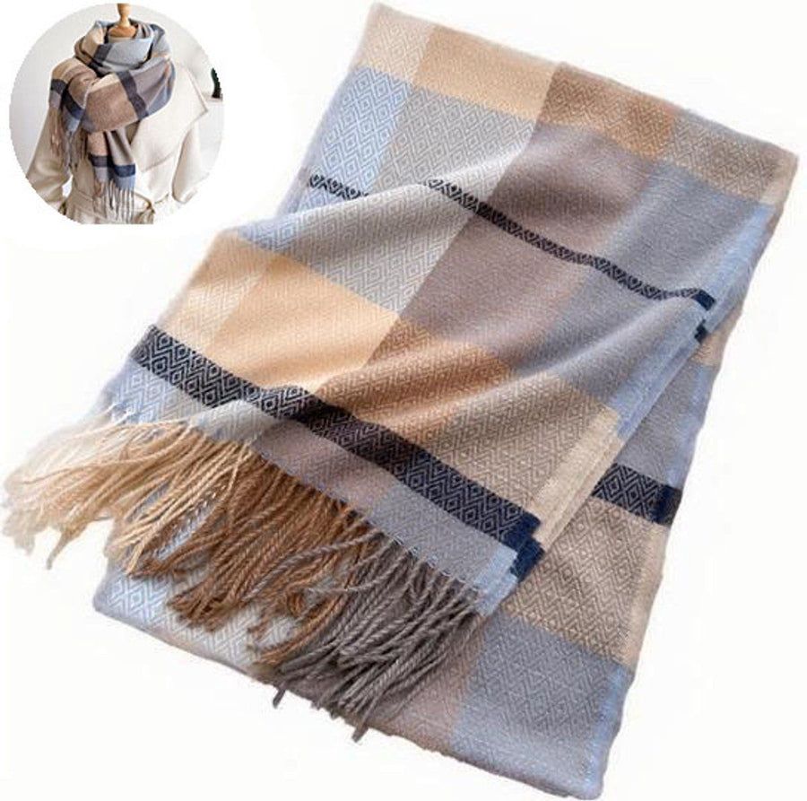 Winter Scarf, Women's Large Plaid Shawl Wrap with Tassel Fringe, Soft Thick Neck Warmer for Cold Weather Outfits, 208 x 70 cm, Blue and Brown