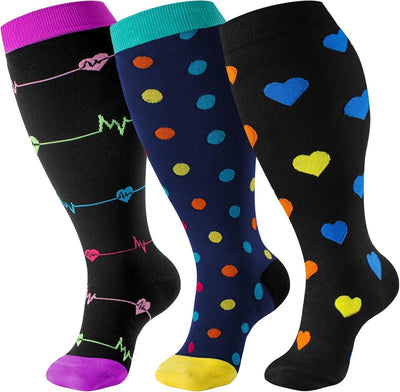 3 Pairs, Plus-Size Compression Socks, Wide Calf Knee-High Support Socks for Women and Men, 20-30 mmHg, 2XL, Multicolor