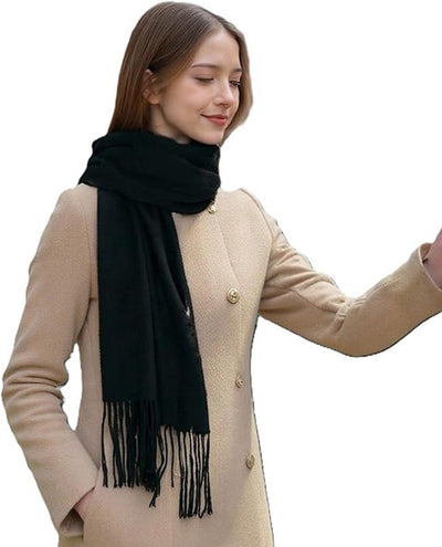 Women's Woven Winter Scarf, Large Tassel Shawl Wrap, Soft Warm Neck Warmer for Cold Weather Outfits, 70x200 cm, Black