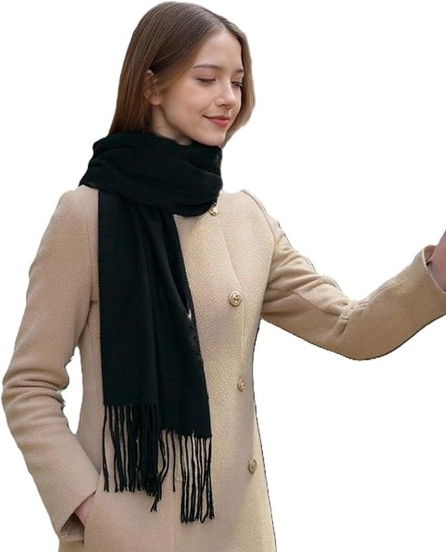 Women's Woven Winter Scarf, Large Tassel Shawl Wrap, Soft Warm Neck Warmer for Cold Weather Outfits, 70x200 cm, Black