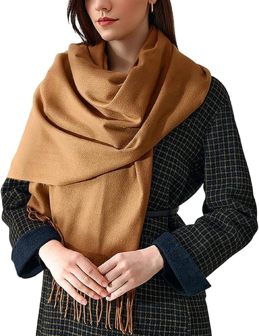 Women's Woven Winter Scarf, Large Tassel Shawl Wrap, Soft Warm Neck Warmer for Cold Weather Outfits, 70x200 cm, Camel