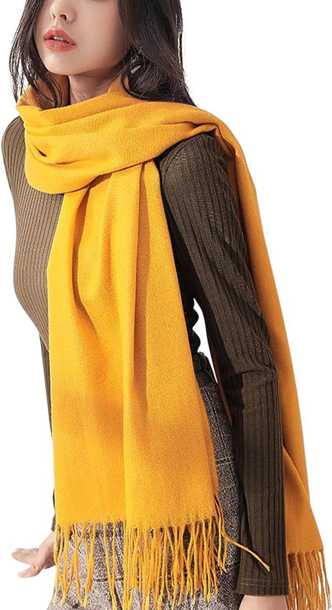Women's Woven Winter Scarf, Large Tassel Shawl Wrap, Soft Warm Neck Warmer for Cold Weather Outfits, 70x200 cm, Yellow