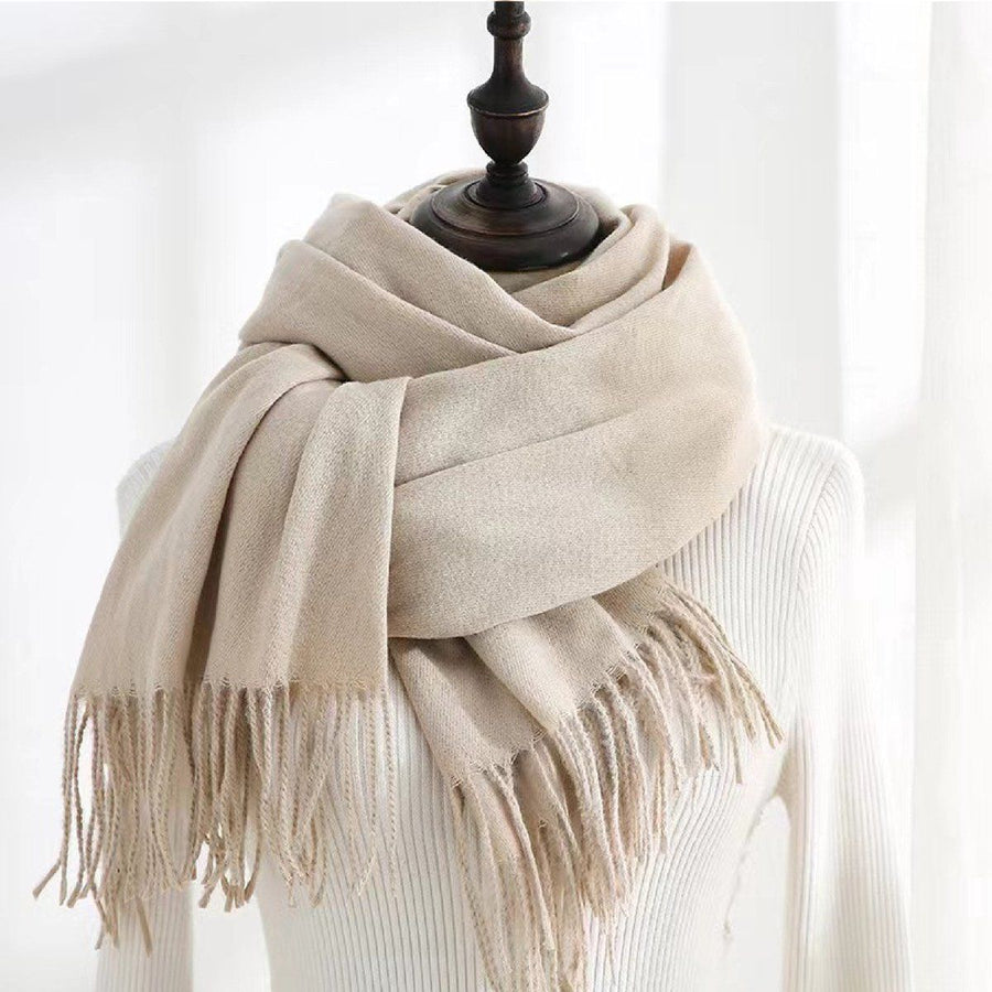 Women's Woven Winter Scarf, Large Tassel Shawl Wrap, Soft Warm Neck Warmer for Cold Weather Outfits, 70x200 cm, Beige