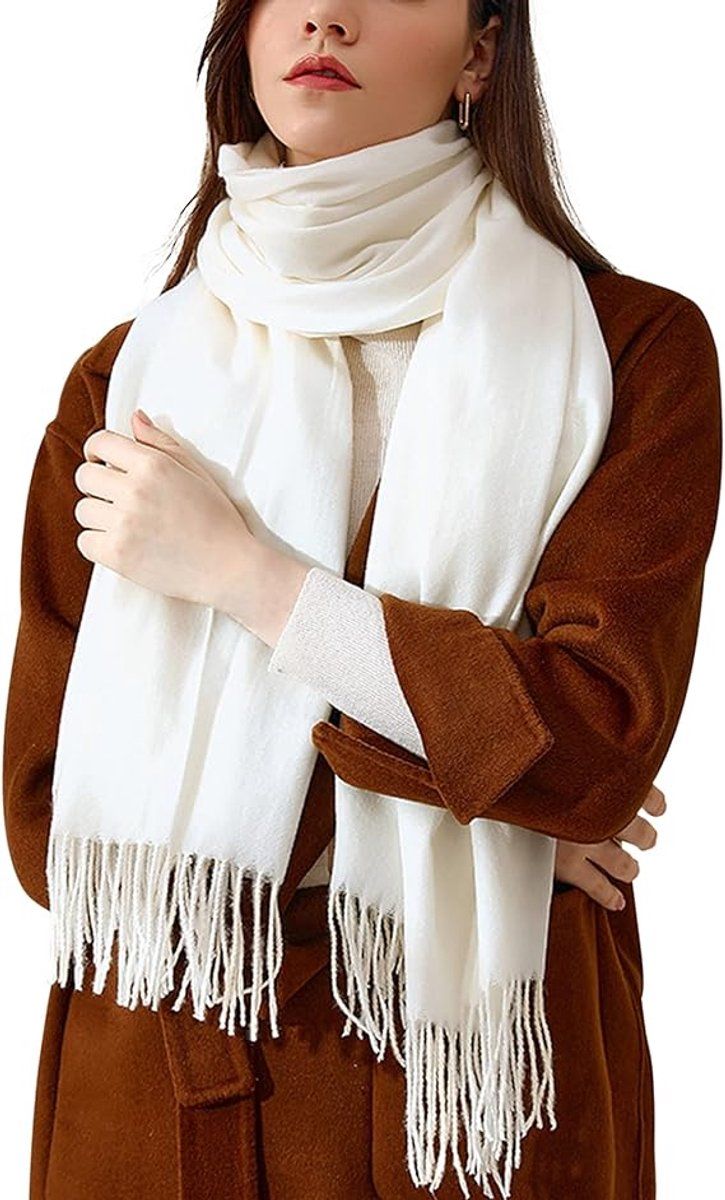 Women's Woven Winter Scarf, Large Tassel Shawl Wrap, Soft Warm Neck Warmer for Cold Weather Outfits, 70x200 cm, White