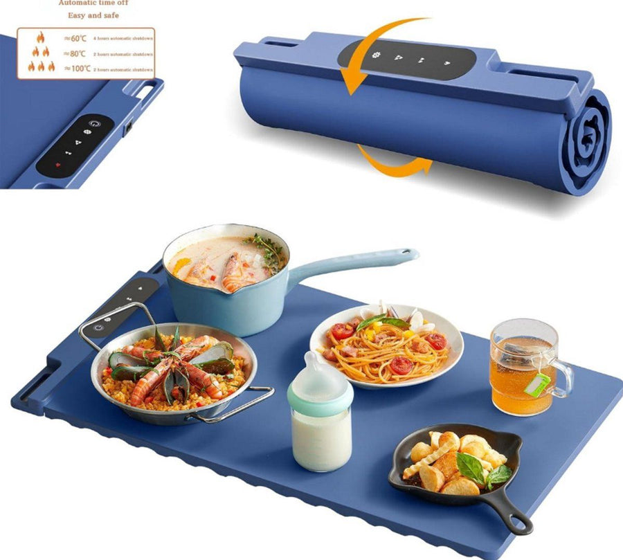 Food Warmer, Silicone Electric Warming Mat with Foldable Heating Plate Design for Meals, Kitchen Table and Serving, 65x38 cm, Blue