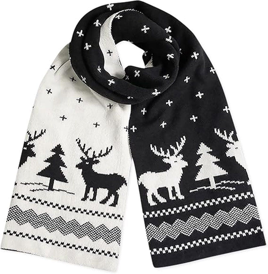 Warm Winter Scarf, Christmas Gift Neck Scarf, Double-sided Knit Scarf, Christmas Tree Moose, Perfect for Christmas and Winter Holidays, Black