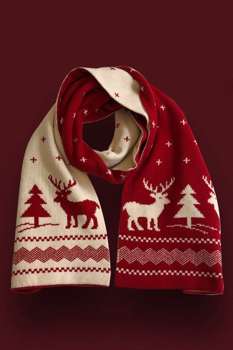 Warm Winter Scarf, Christmas Gift Neck Scarf, Double-sided Knit Scarf, Christmas Tree Moose, Perfect for Christmas and Winter Holidays, Red