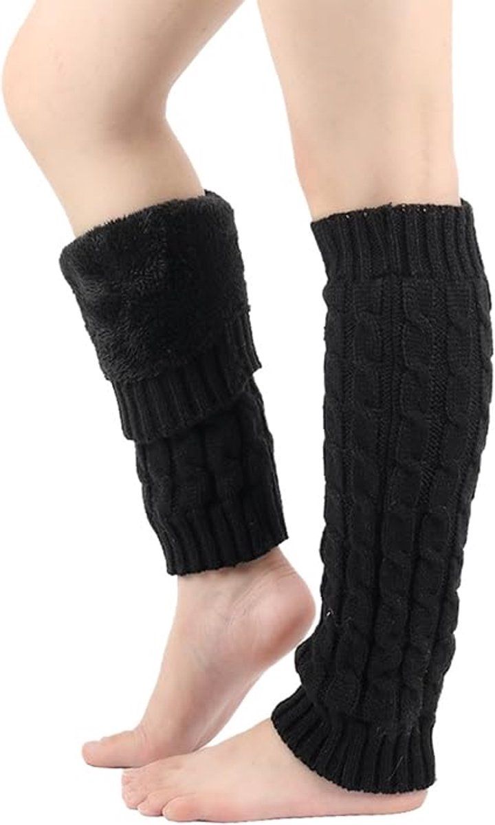 2 Pairs, Women's Fleece-Lined Winter Leg Warmers, Long Knitted Boot Socks for Skates, Boots and Cold Weather Wear, Black