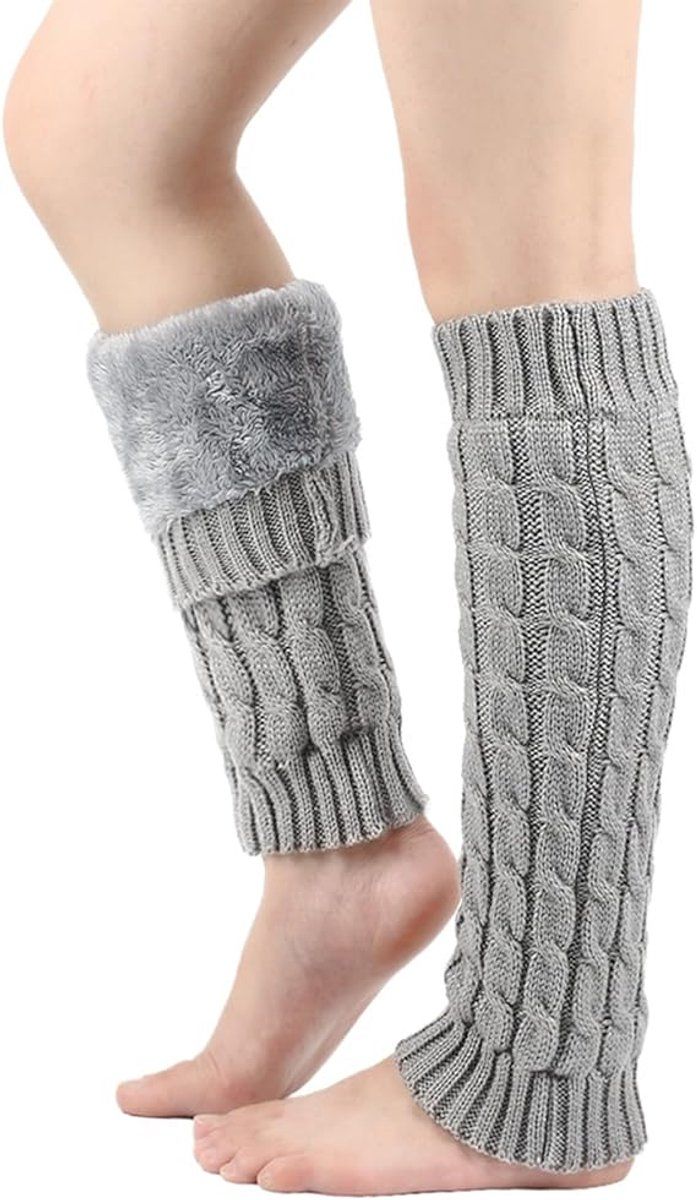2 Pack, Warm winter leggings for women, Fleece lining, Long knitted leggings, Warm boot socks, for skates, Grey