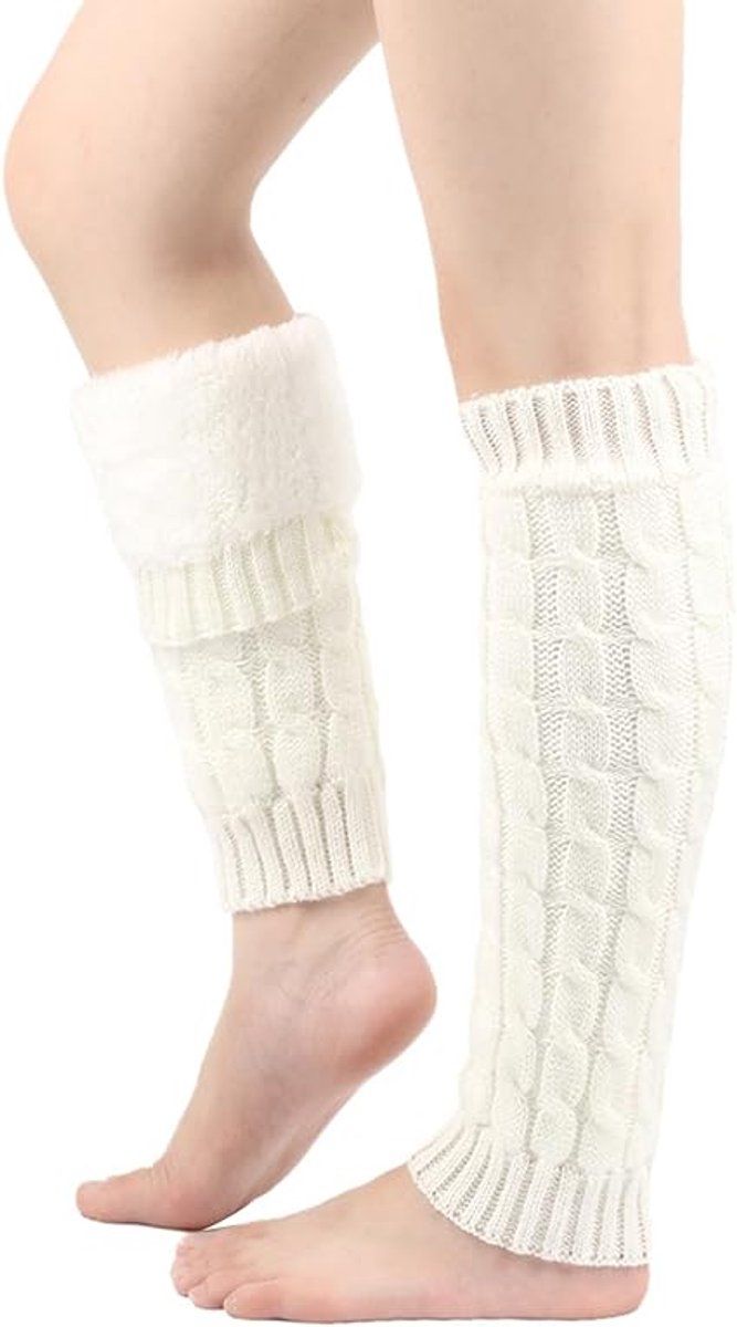 2 Pairs, Women's Fleece-Lined Winter Leg Warmers, Long Knitted Boot Socks for Skates, Boots and Cold Weather Wear, White