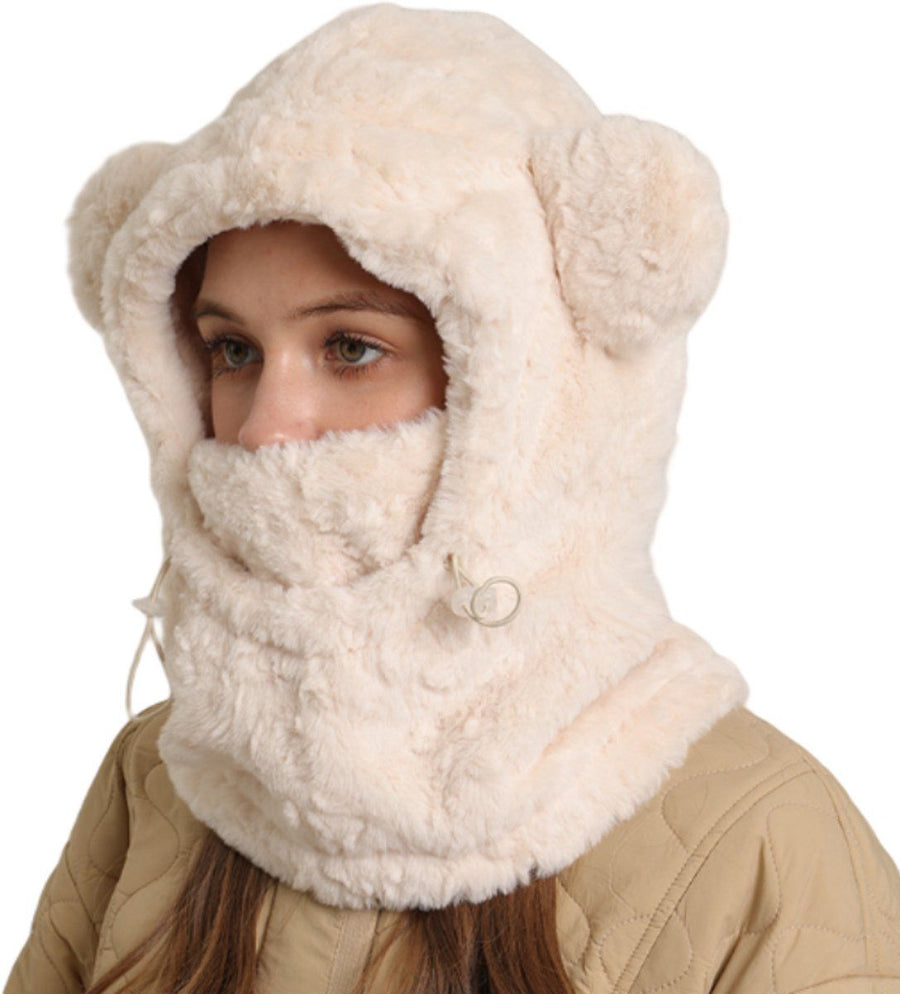 scarf, women's scarf, hat- Winter Plush Beanie, 3 in 1, Bear Ears, for Cold Weather, Travel and Daily Winter Wear, Beige