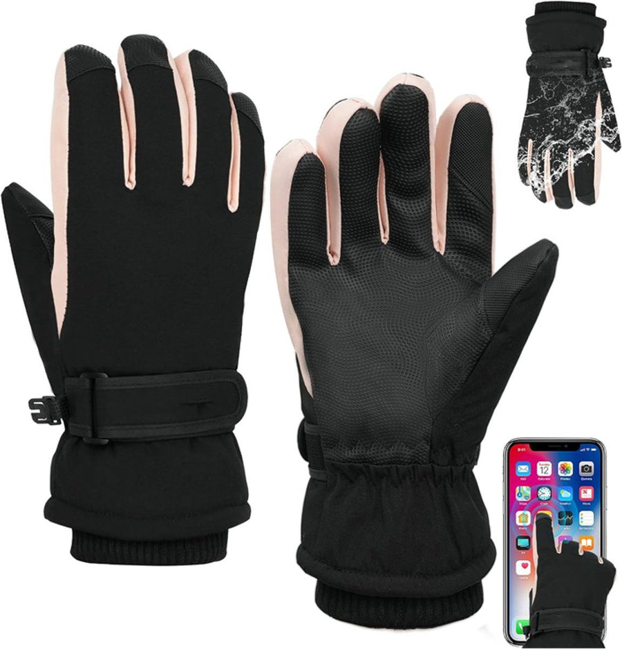 Women's Ski Gloves, Touchscreen waterproof and windproof warm gloves, Non-slip and padded to keep the cold out, for skiing, cycling, Black