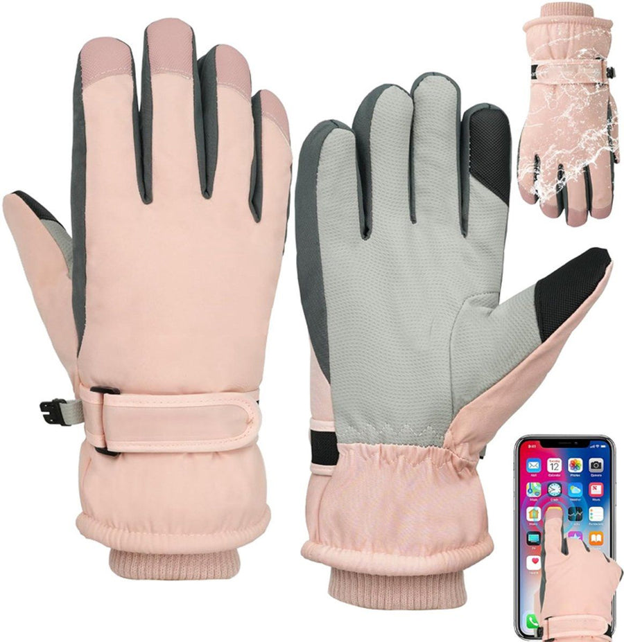 Women's Ski Gloves, Touchscreen waterproof and windproof warm gloves, Non-slip and padded for protection against cold weather, for skiing, Pink