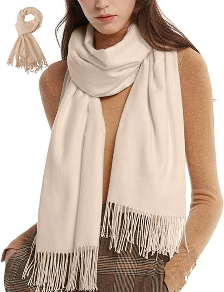 2 Pieces, Women's Winter Scarf and Wrap Set, Large Soft Tassel Shawl for Cold Weather Outfits, 70 x 200 cm, Beige