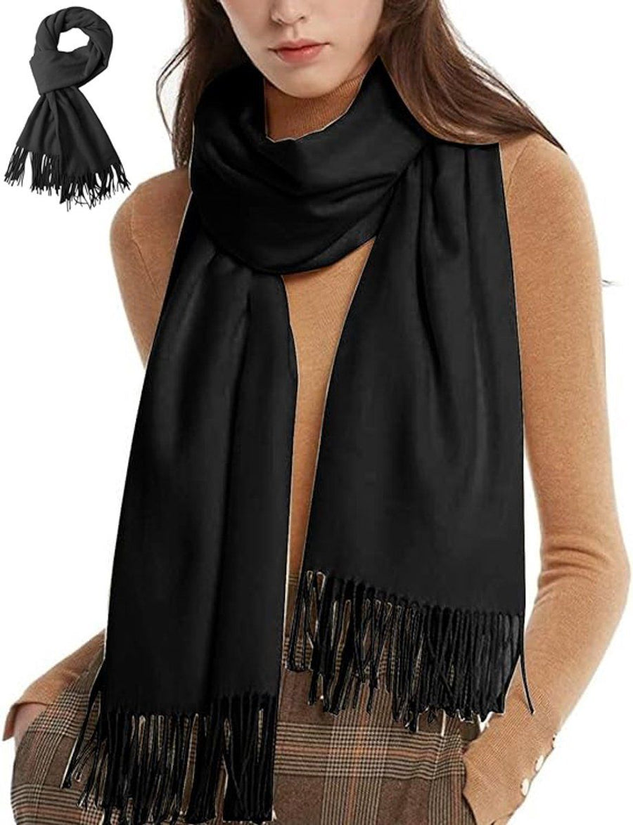 2 Pieces, Women's Winter Scarf and Wrap Set, Large Soft Tassel Shawl for Cold Weather Outfits, 70 x 200 cm, Black
