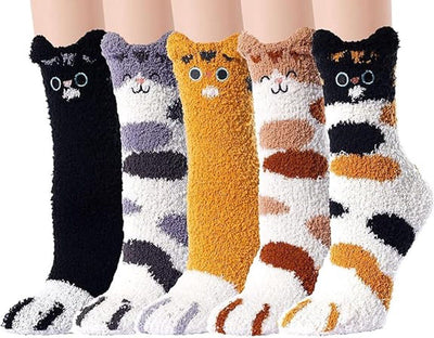 5 Pack, Warm Winter Socks Women, Plush Socks with Cat Claw Design, Fluffy House Socks & Sleep Socks, Cute Animal Socks, Perfect as Birthday