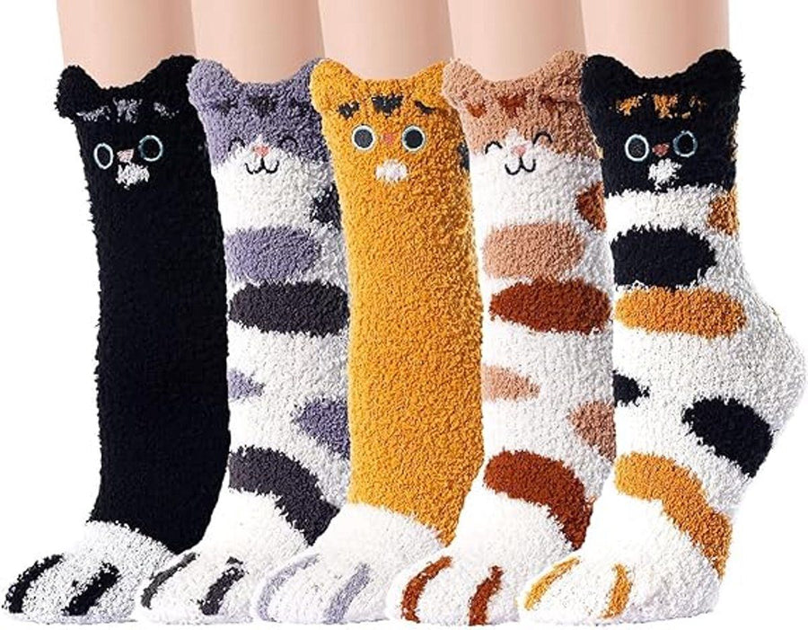 5 Pack, Warm Winter Socks Women, Plush Socks with Cat Claw Design, Fluffy House Socks & Sleep Socks, Cute Animal Socks, Perfect as Birthday
