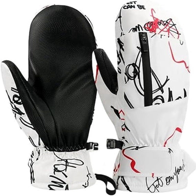 Warm Winter Ski Gloves, Waterproof Ski Mittens, Cotton-Lined Wrist Protector with Touchscreen Function, White Alphabet Graffiti