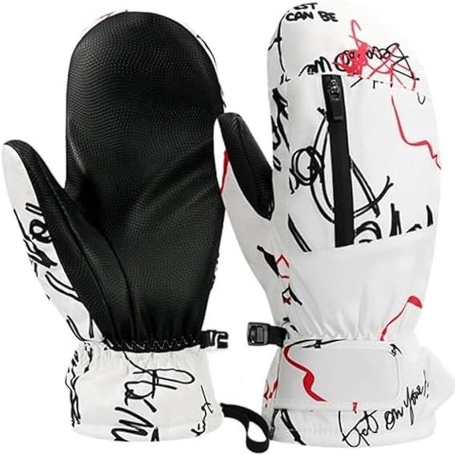 Warm Winter Ski Gloves, Waterproof Ski Mittens, Cotton-Lined Wrist Protector with Touchscreen Function, White Alphabet Graffiti