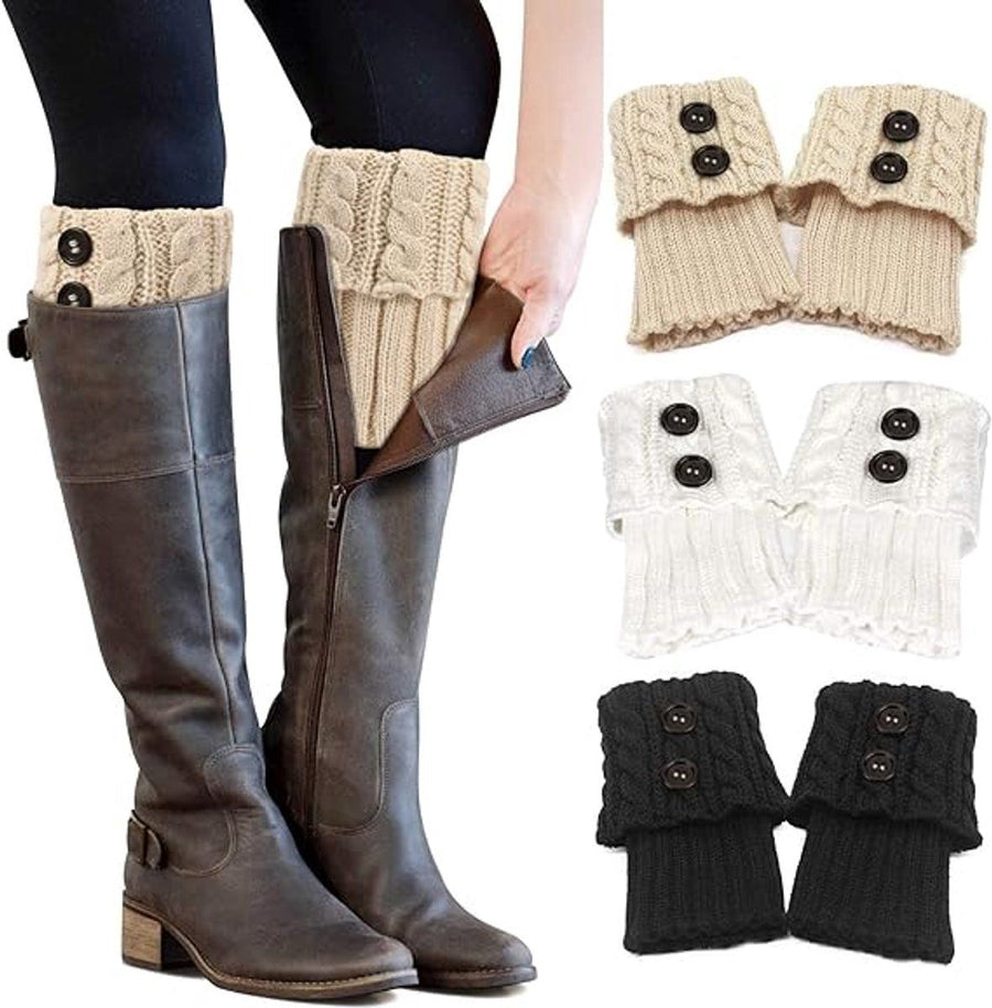 3 Pairs, Women's Knitted Leg Warmers with Cable Pattern and Buttons, Winter Boot Cuffs for Cold Weather Outfits, Black, Beige and White