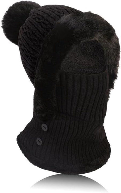 Beanie, Women's Knitted Winter Hat with Pompon, Flexible Ski and Neck Warmer Set, Perfect for Outdoors, Camping, Black