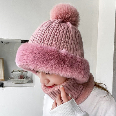 1 Pieces, winter warm knitted hat neck warmer set, women's winter hat, flexible knitted hat with fur pom-pom, soft thick fleece lined, Pink