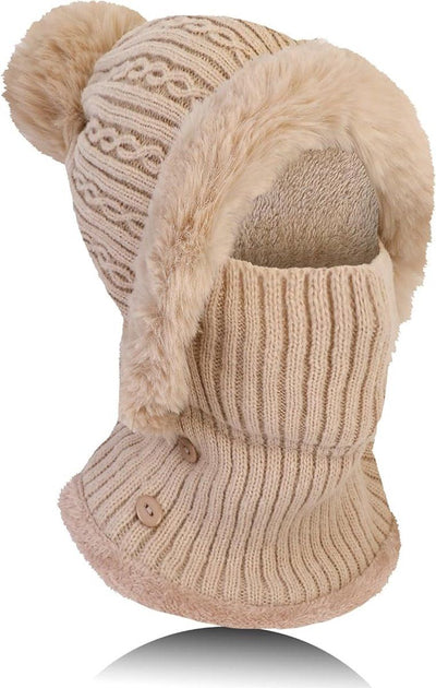 Beanie, Women's Knitted Winter Hat with Pompon, Flexible Ski and Neck Warmer Set, Perfect for Outdoors, Camping, Light Khaki