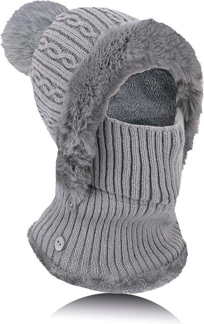 Beanie, Women's Knitted Winter Hat with Pompon, Flexible Ski and Neck Warmer Set, Perfect for Outdoors, Camping, Grey