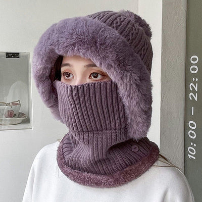 1 Pieces, winter warm knitted hat neck warmer set, women's winter hat, flexible knitted hat with fur pom-pom, soft thick fleece lined, Bean Paste