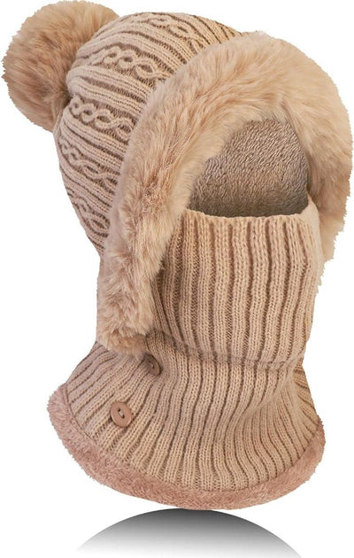 1 Pieces, winter warm knitted hat neck warmer set, women's winter hat, flexible knitted hat with fur pom-pom, soft thick fleece lined, Dark Khaki