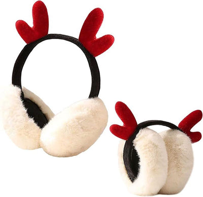 2 Pack, Foldable Deer Antler Earmuffs, Plush Winter Christmas Ear Warmers for Outdoor Activities and Holiday Wear, Diameter 14 cm, Red and Beige