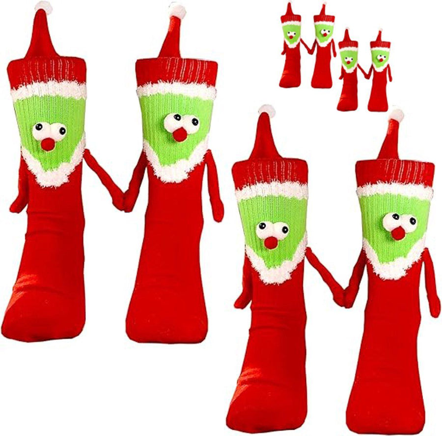 4 Pairs, Christmas Socks for Men and Women, Magnetic Hand-Holding Holiday Crew Socks Set with Festive Cartoon Design, 20x6x2 cm, Red