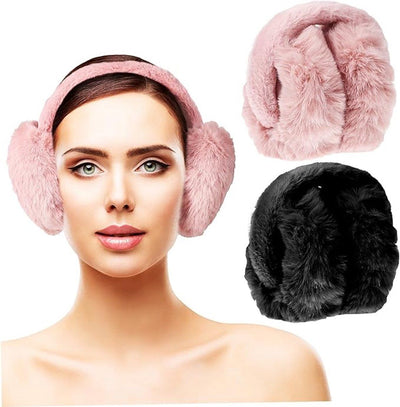 2 Pack, Plush Winter Earmuffs for Women, Foldable Faux Fur Ear Warmers for Cold Weather Travel and Outdoor Wear, Black and Pink