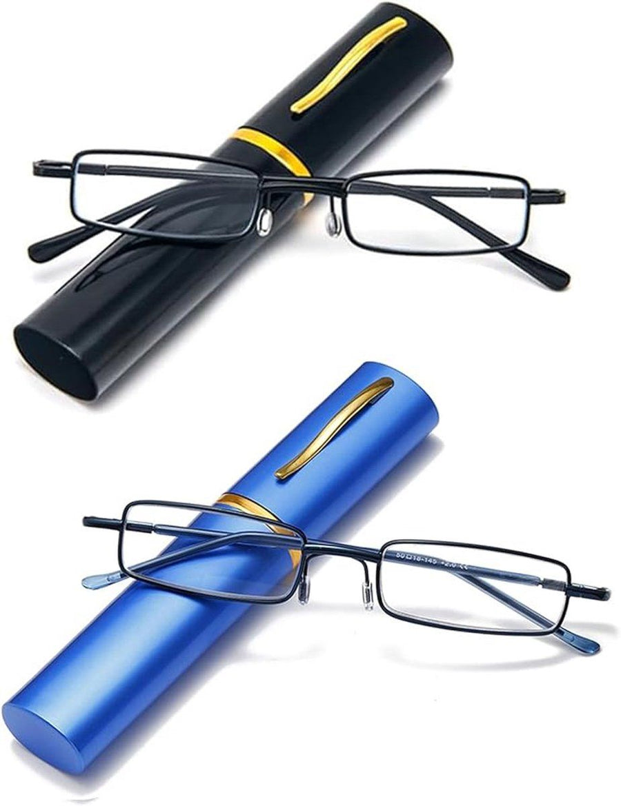 2 Pack, Ultra-Thin Metal Reading Glasses with Portable Carrying Case, Blue Light Blocking Lenses for Women and Men, 2.0 Diopters, Black and Blue