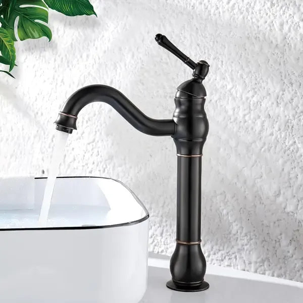 High Bathroom Faucet, 360 Degree Rotatable Countertop Mixer, Retro Classic Brass Bathroom Basin Faucet, Single Handle, Black Finish