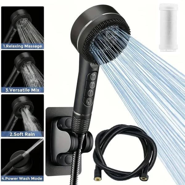 High Pressure Shower Head with 1.5 m Hose and Bracket, Piano Key Spray Control, Durable ABS Plastic, Black Finish