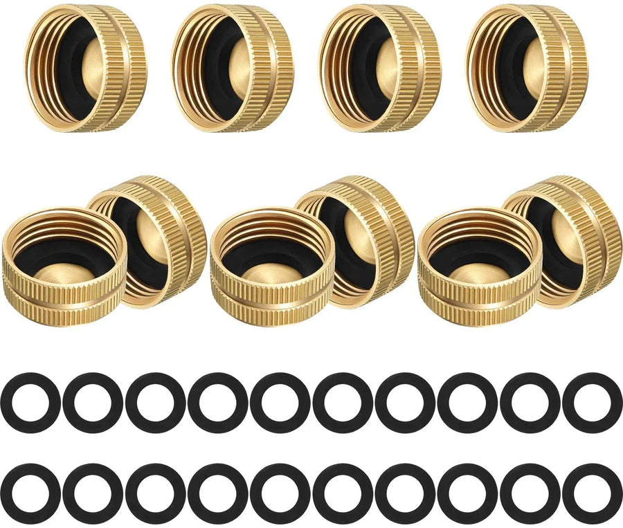 10 Pack Brass Garden Hose End Caps, 3/4 Inch Female Spigot Caps with 20 Washers for Home Garden Use, Brass Construction