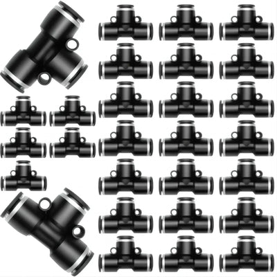 28 Pieces 1/4 Push to Connect Pneumatic Tee Union Fittings, Plastic T Shaped Quick Connect Air Hose Fittings for Air Line, Black 1/4 Inch OD
