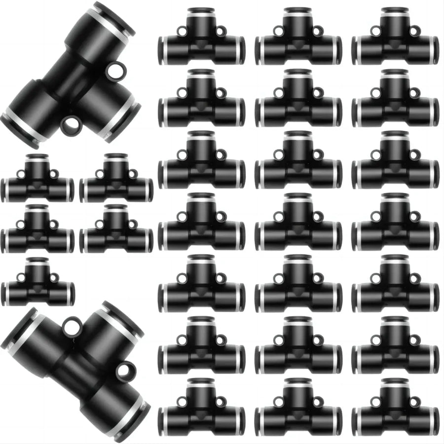 28 Pieces 1/4 Push to Connect Pneumatic Tee Union Fittings, Plastic T Shaped Quick Connect Air Hose Fittings for Air Line, Black 1/4 Inch OD