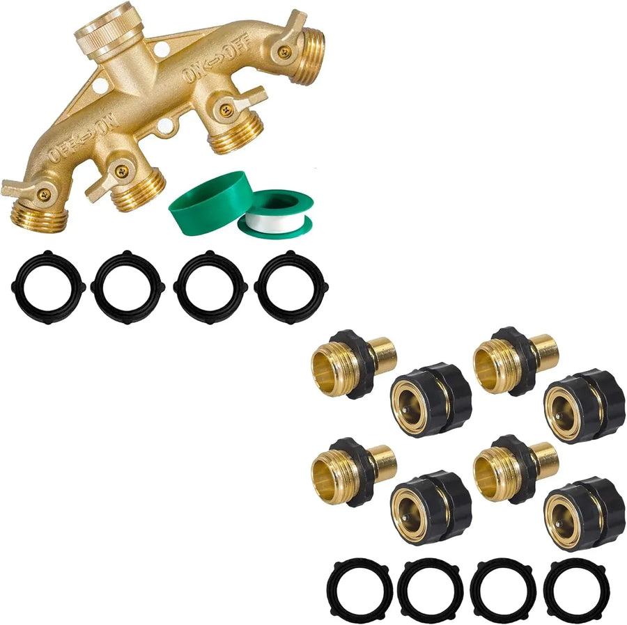Brass Garden Hose 4 Way Splitter Bundle, Heavy Duty Aluminum Quick Connect Fittings for Yard and Garden Use, Aluminum Construction