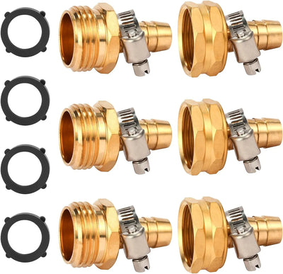 Garden Hose Repair Mender Kit Brass 1/2 Inch Fittings with Stainless Clamps for Hose Repair 3 Set, Brass Construction