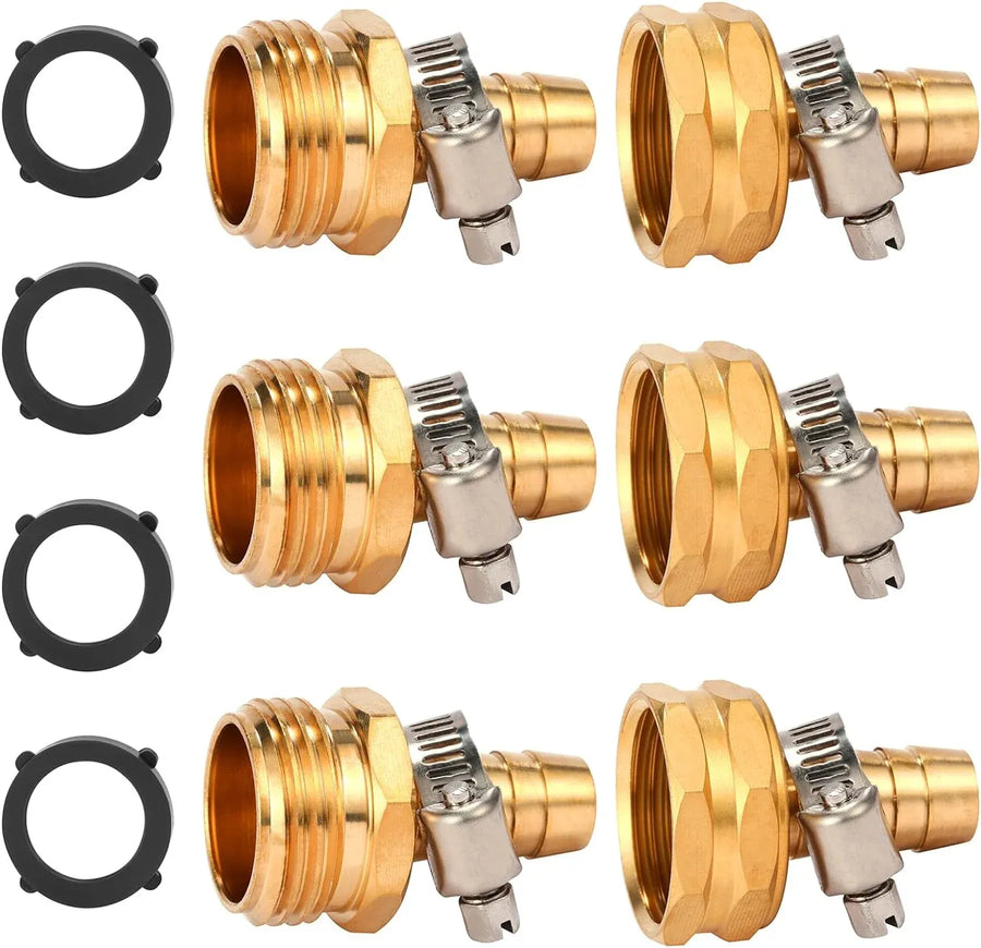 Garden Hose Repair Mender Kit Brass 1/2 Inch Fittings with Stainless Clamps for Hose Repair 3 Set, Brass Construction