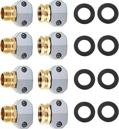 Garden Hose Repair Kit Aluminum Male Female Connectors with Zinc Clamps for 3/4 Inch and 5/8 Inch Hose, 4 Sets