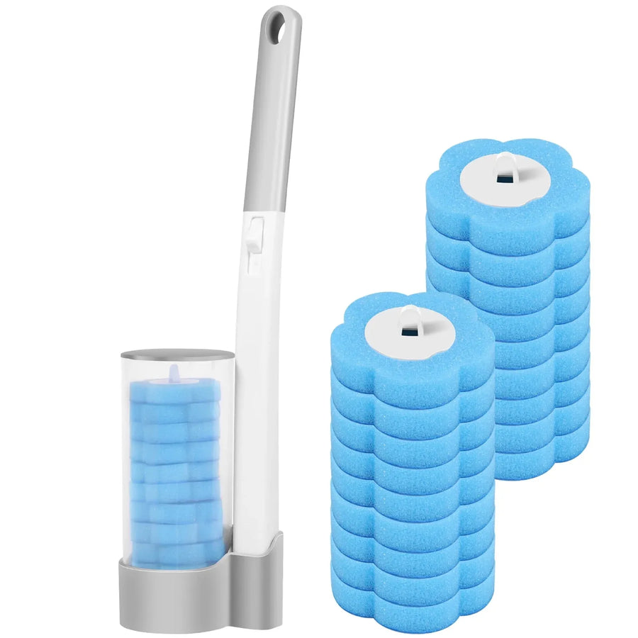 Disposable Toilet Brush Set with 24 Replacement Refills, Marine Scented Sponges, Wall Mounted Bowl Cleaner for Bathroom, Extended Handle