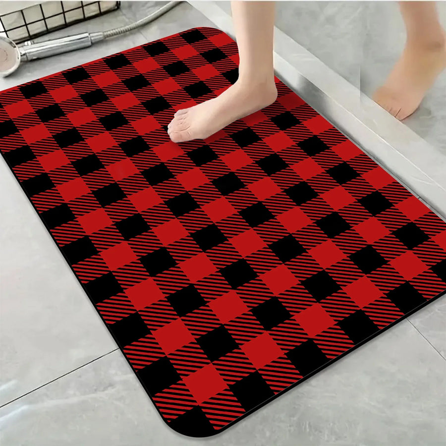1 Piece Buffalo Plaid Bathroom Rug, Non-Slip Quick Dry Bath Mat for Tub, Shower, Floor and Indoor Outdoor Use, Red and Black